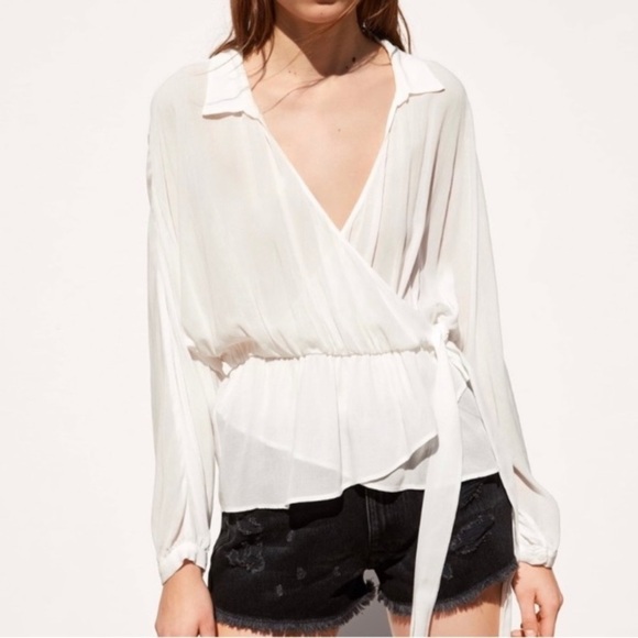 Zara Sheer Faux-Wrap Blouse w Tie Dolman Sleeve Ruffled Collared White Sz S - Picture 1 of 14